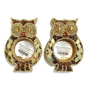 Pier 1 Gold Bead Wood Owl Tea Light Candle Holders Sparkly Shiny Bird Nature Fun